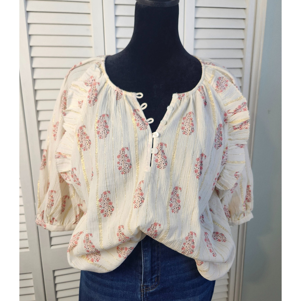 🔥 Dillard’s Ivory Peasant Top Size Large Pink & Gold Embroidery Boho